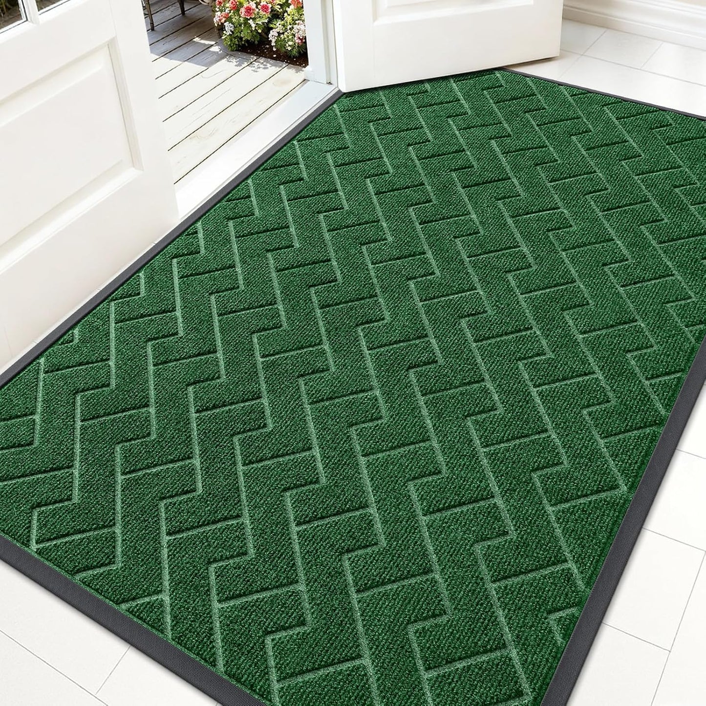 OLANLY Waterproof Front Door Mat - All-Season Herringbone Design | Easy Clean Natural Rubber (Green, 59x35)