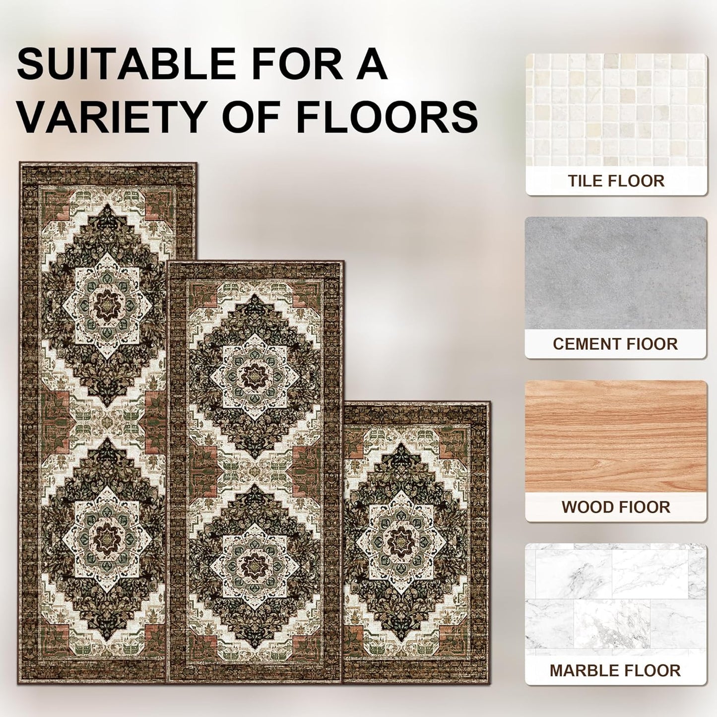 Tritard Non-Slip Kitchen Rugs Set of 3 - Washable Boho Vintage Mats for Indoor Entryway | Brown