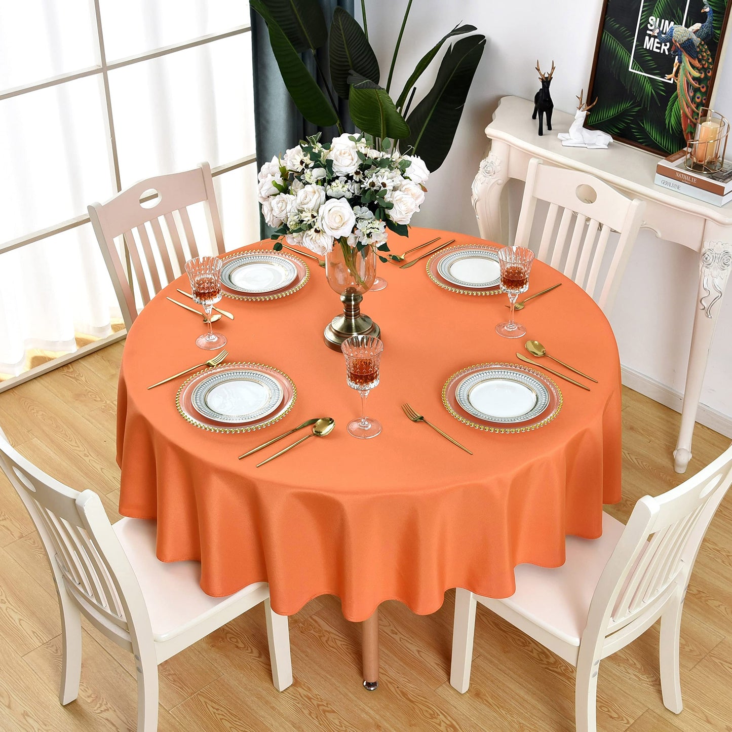 KAIPHO Orange Round Tablecloth Waterproof Stain Resistant Wrinkle Free Table Cloth 210GSM Polyester Washable Wipeable Table Cover for Party, Banquet, Wedding, Indoor and Outdoor use (70 inch, Circle)