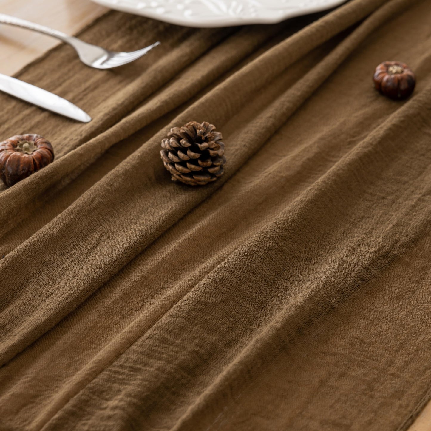 Keketoarrange 10pcs Coffee Gauze Rustic Tan Cheesecloth Table Runner 120 Inch 10 FT for Wedding Baby Shower Bridal Shower Birthday Engagement Garden Outdoor Party Long Sheer Boho Decorations