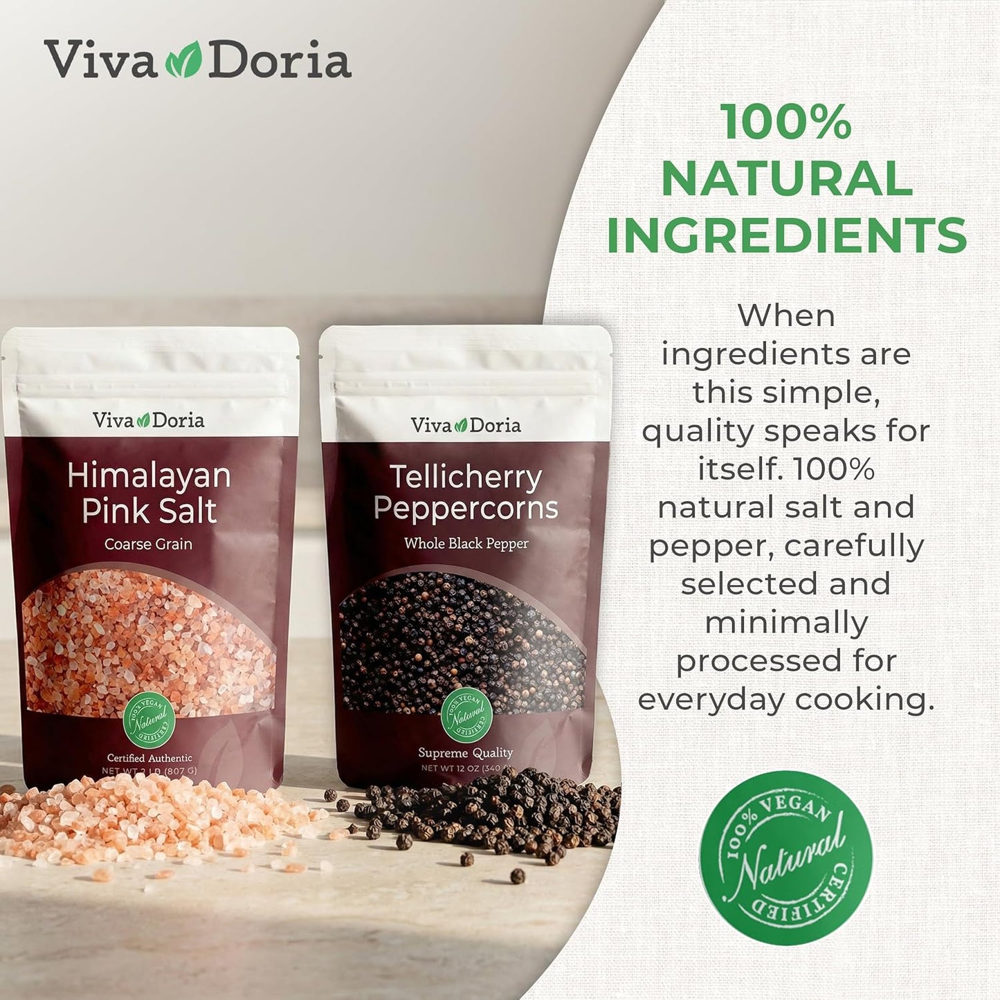 Viva Doria Tellicherry Whole Black Peppercorns & Himalayan Pink Salt - Coarse Grain, 2 lb | Perfect Grinder Refill Set