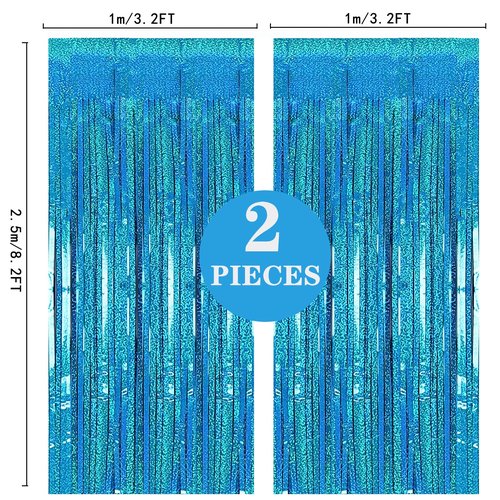 2 Pack 3.2ft x 8.2ft Blue Foil Fringe Curtains Photo Backdrop Party Decorations, Metallic Tinsel Foil Fringe Streamer Curtain for Party Door Wall Curtain Bachelorette Christmas New Year Decorations