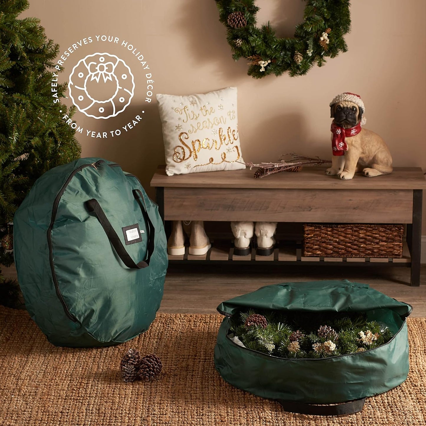ZOBER 48-Inch Oxford Christmas Wreath Storage Container - Waterproof Dual Zipper Bag with Durable Handles | Green