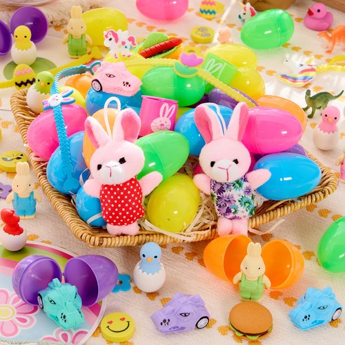 JOYIN 100 Pcs Prefilled Easter Eggs with Toys Plus Stickers, Filled with Toys Party Favors for Kids Boys Girls Easter Eggs Hunt, Basket Stuffers Fillers, Classroom Prize Supplies