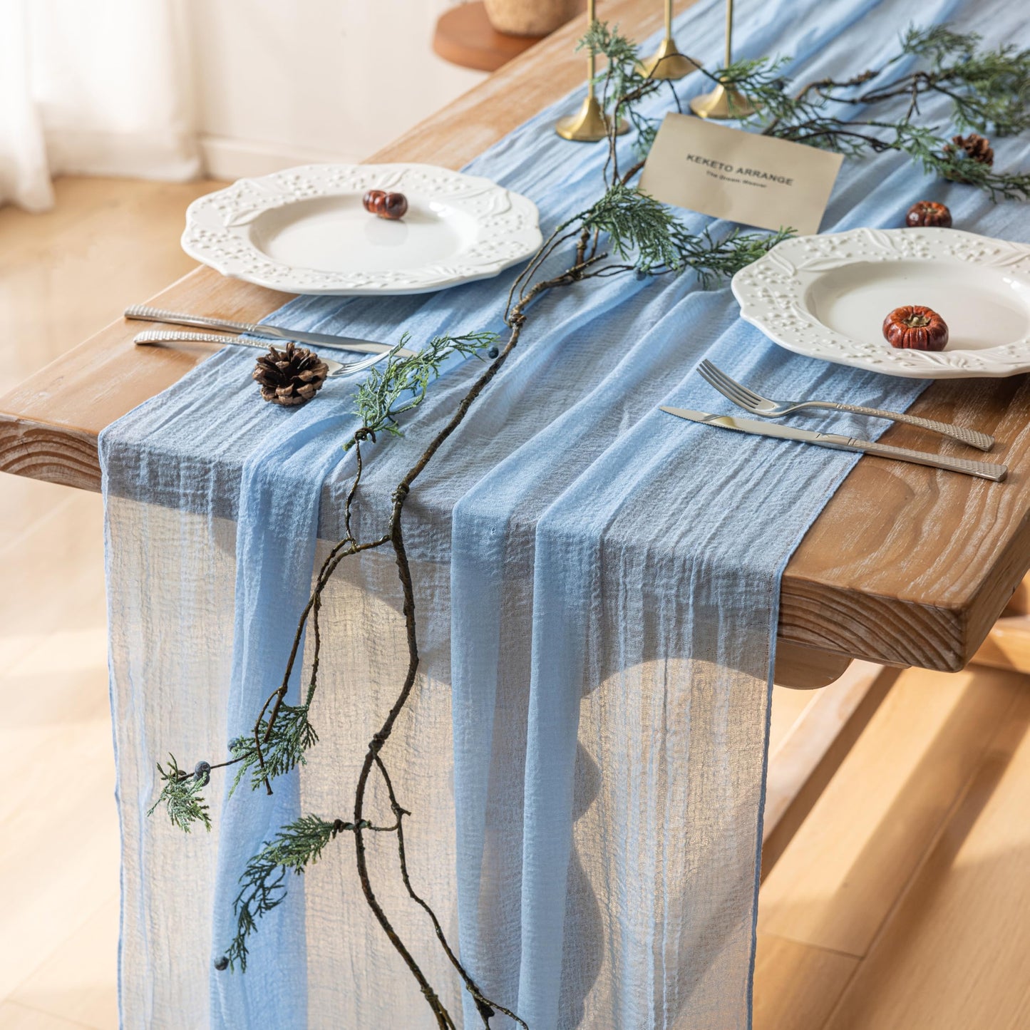 Keketoarrange 3pcs Light Blue Gauze Rustic Cheesecloth Table Runner 120 Inch 10 FT for Wedding Baby Shower Bridal Shower Birthday Engagement Garden Outdoor Party Long Sheer Boho Decorations