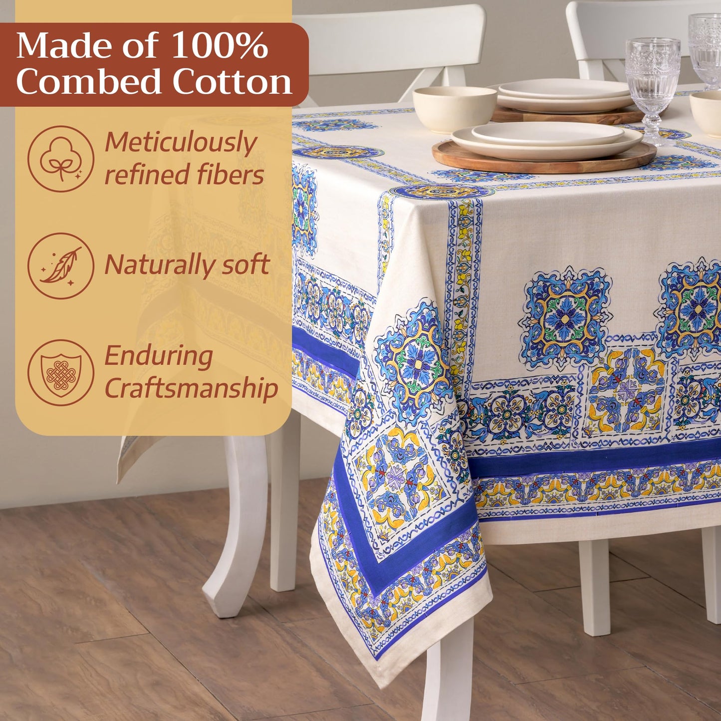 Maison d' Hermine Premium Table Cloth Rectangle Table 100% Combed Cotton 90 x 70 Inches Tablecloth Reusable Decorative for Dining Room, Farmhouse, Home, Party, Festive & Wedding - Sciacca