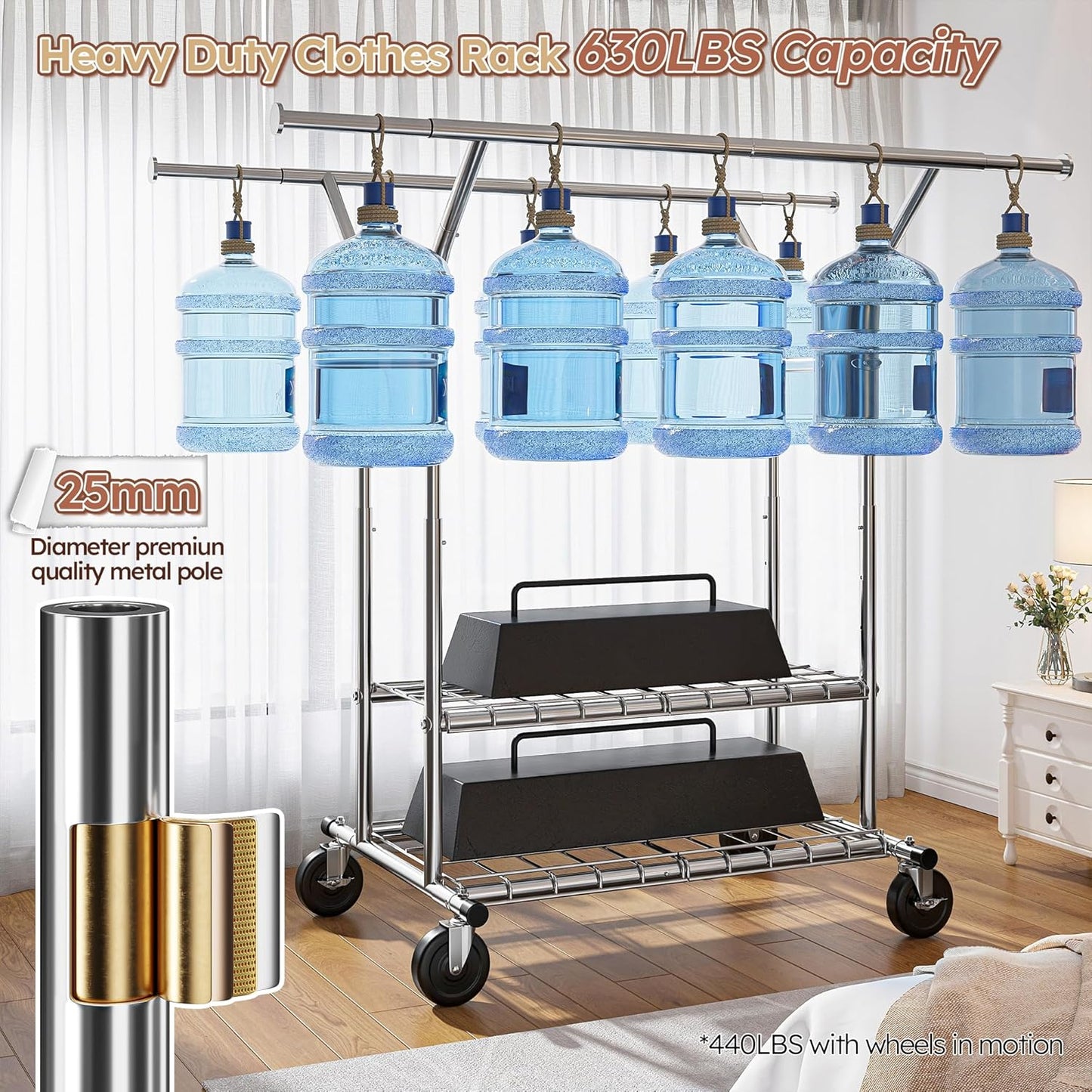 Raybee Heavy Duty Clothing Rack - 630 LBS Load Capacity | Rolling Metal Garment Rack for Storage
