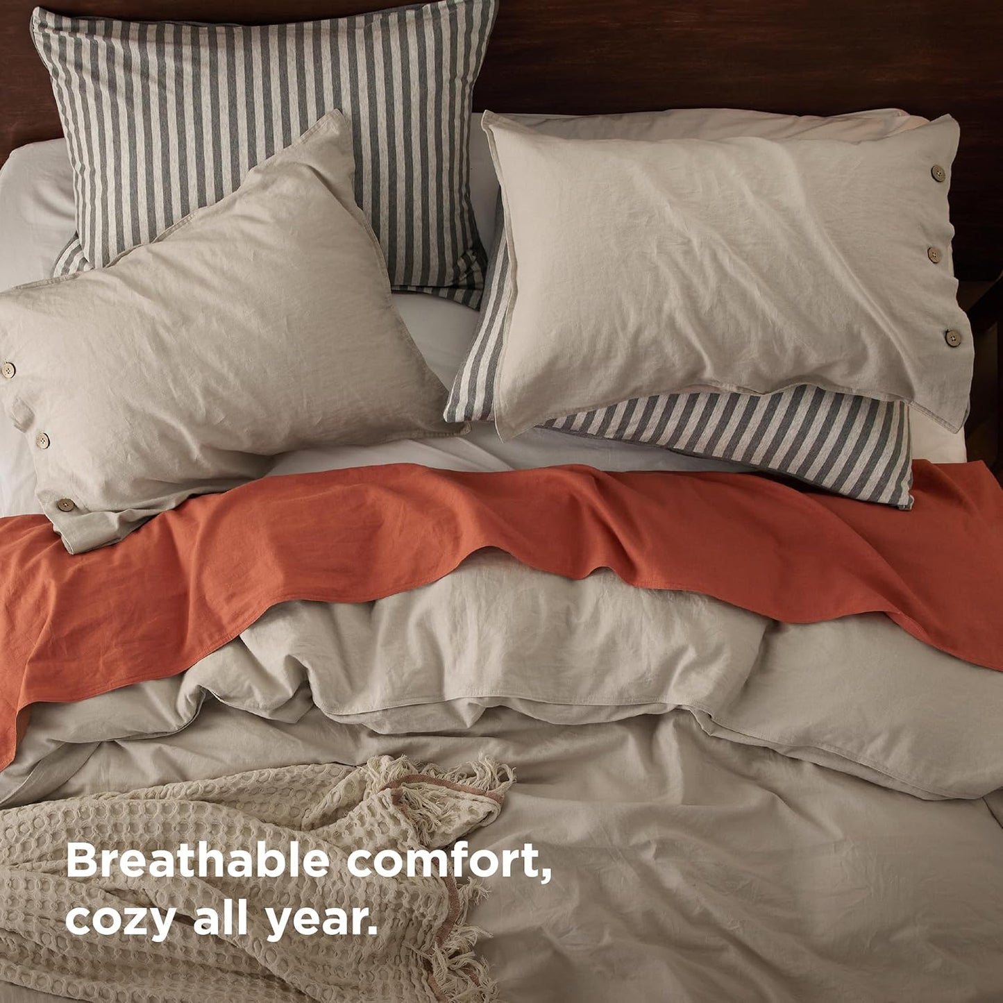 Bedsure Linen Duvet Cover Queen - Breathable Linen Cotton Blend Bedding Set for Hot Sleepers | 3-Piece in Linen Color