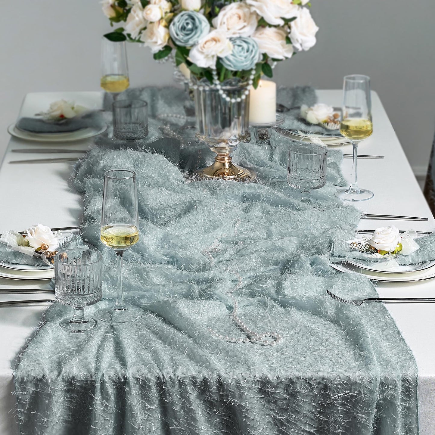 Leetaltree Dazzle Table Runner (Slate Blue, 1 Pack) - Luxury Fringe Appliqué Raised Linear Sparkle - Iridescent Elegant Gift Set for Wedding, Christmas, Tree Skirt, Birthday, Holiday & Home Decor