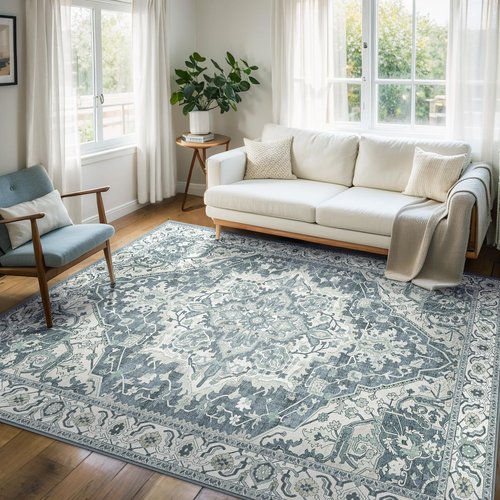 Deerly Boho Tribal Area Rug 5x7 Vintage Rug Bohemian Washable Large Living Room Rugs for Bedroom Non Slip Low Pile 5x7 Rug for Kitchen Entryway Bathroom Bedroom Dining Room Office, Canal Blue