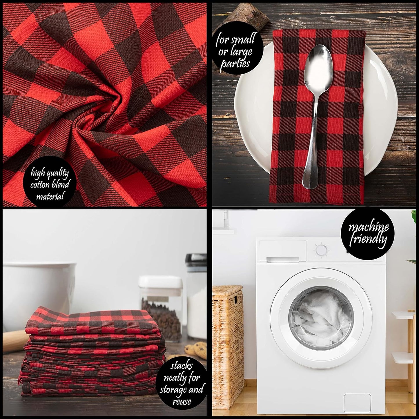 PERLLI Kitchen Cloth Napkins - Buffalo Plaid Red & Black - 100% Cotton, 18x18 Inches | 12 Pack, Washable & Reusable for Holiday Decor