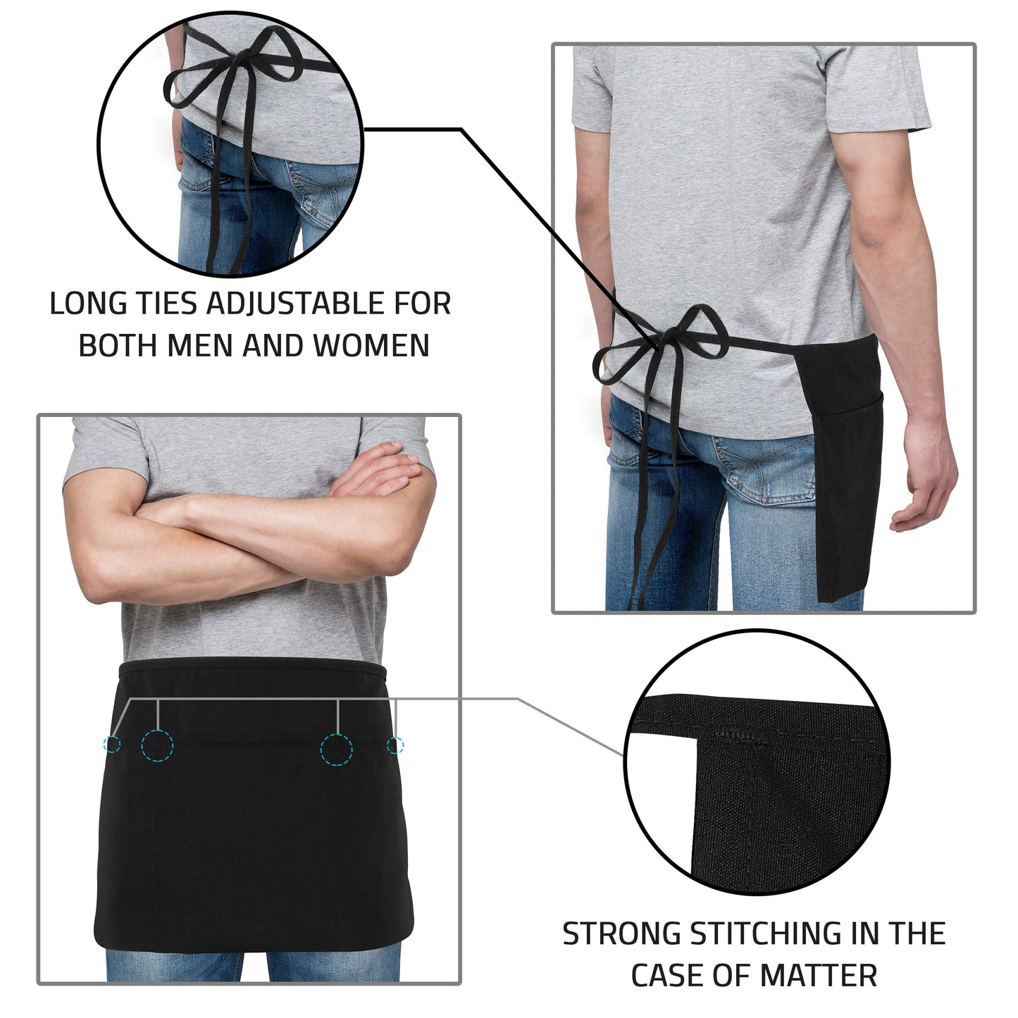 Utopia Wear 2 Pack Server Apron with 3 Pockets, Waist Apron for Waiter Waitress, 12 Inches, Black