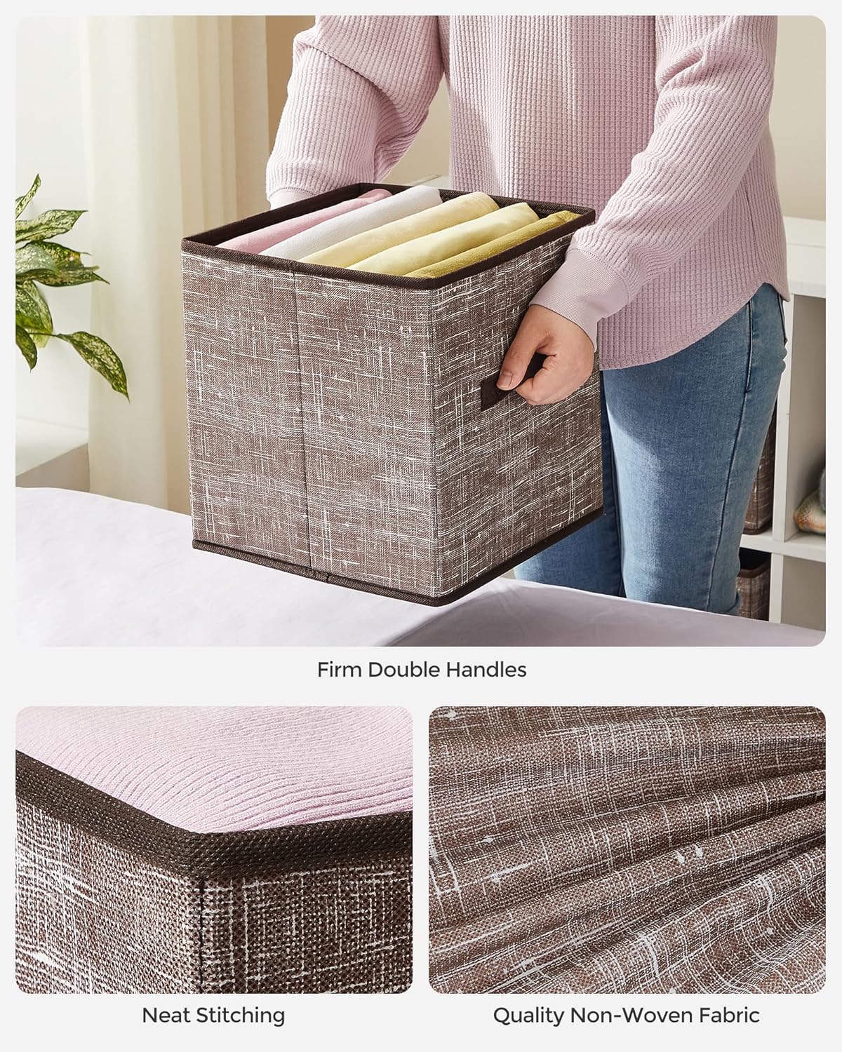 SONGMICS Storage Cubes - 11-Inch Foldable Non-Woven Fabric Bins with Double Handles - Set of 6 in Walnut Color