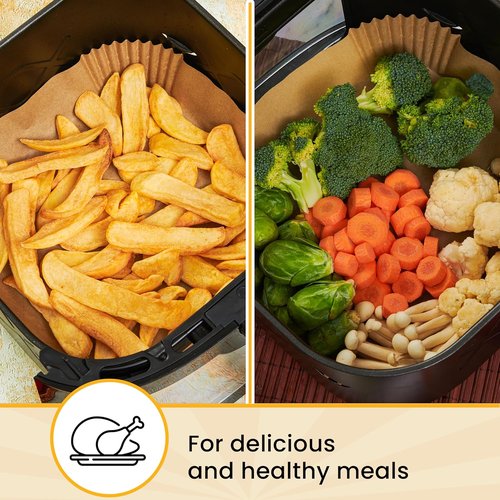 Baker's Signature Air Fryer Liners - 250 Pcs Non-Stick & Oil Proof for Easy Cleanup | 8” Square for 5-8 Qt Baskets