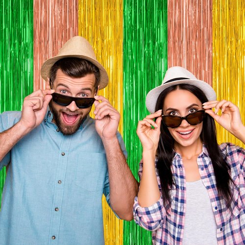 Hawaiian Party Decorations - 4 Pack Tinsel Backdrop | 3.28 FT x 7.05 FT Green, Brown, Yellow Foil Curtains