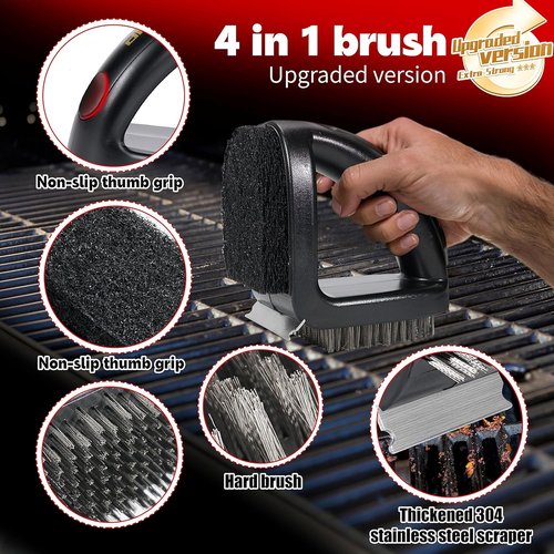 4-in-1 Grill Brush by [Brand Name] - Heavy-Duty Bristle-Free Sponge Pad & Wire Cleaner for Outdoor Grills