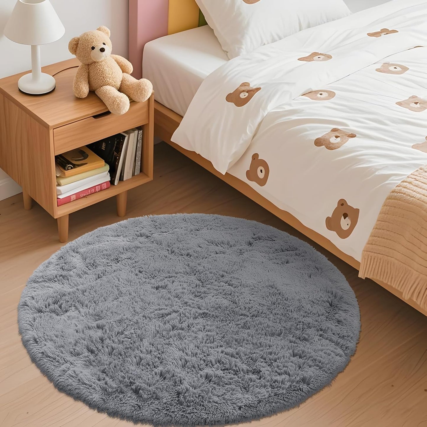 OLANLY Round Light Grey Area Rug - Soft, Fluffy, Machine Washable 3 ft Circle Carpet for Bedroom & Living Room