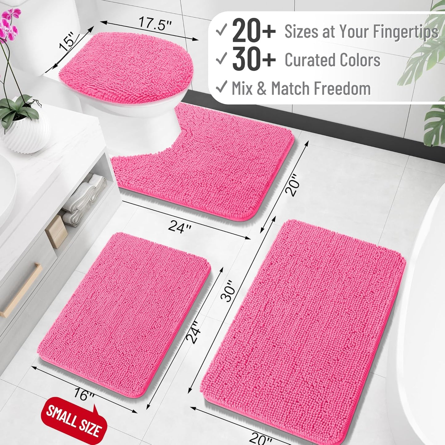 OLANLY Large Bath Rugs - Extra Soft Chenille, Quick Dry & Absorbent | 50x30, Hot Pink