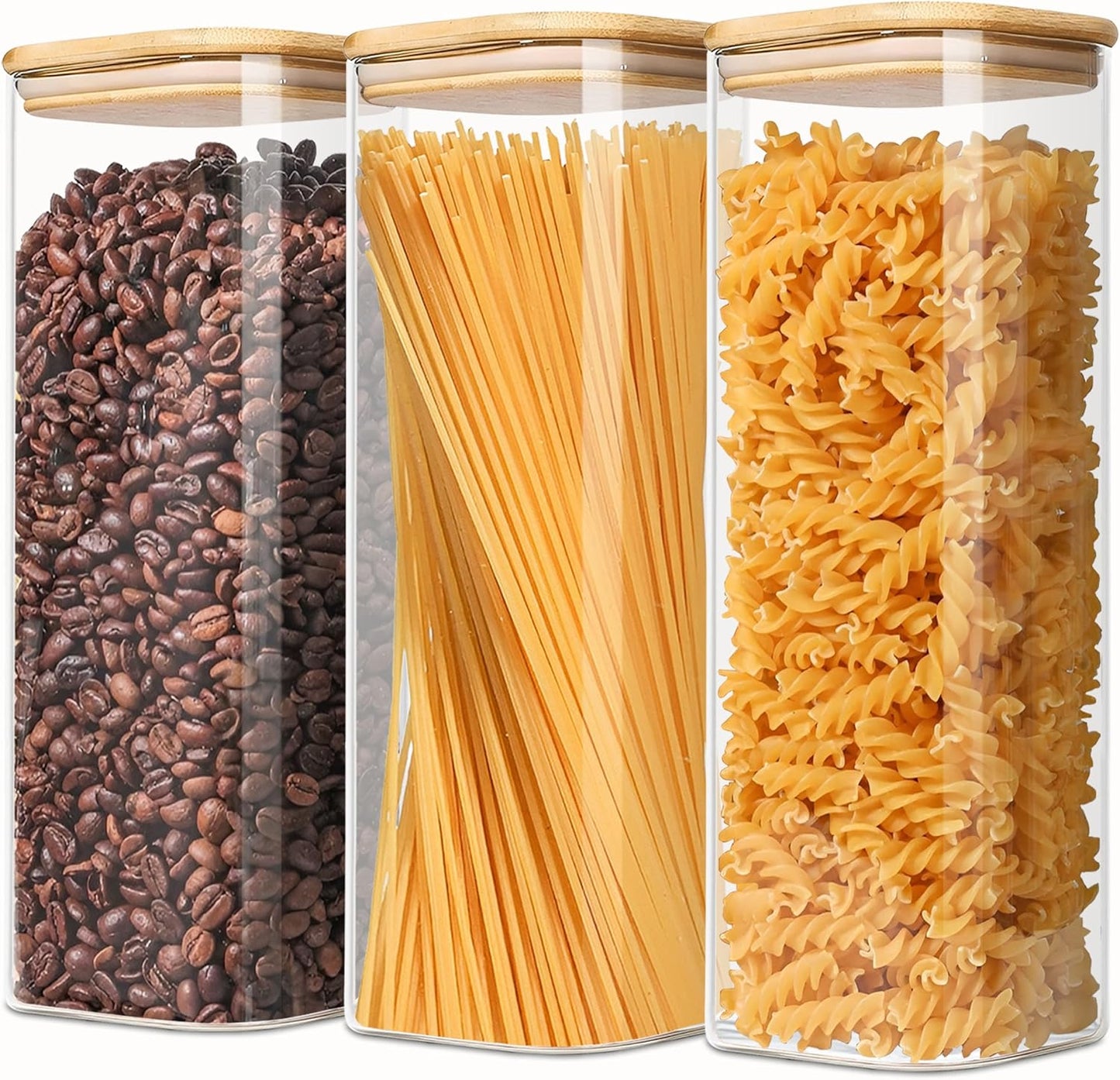 VIEWELLD 2.2 Qt Square Glass Storage Containers - Clear Food Jars with Bamboo Lids | Set of 3 for Pasta, Oats, Coffee, Flour, Sugar