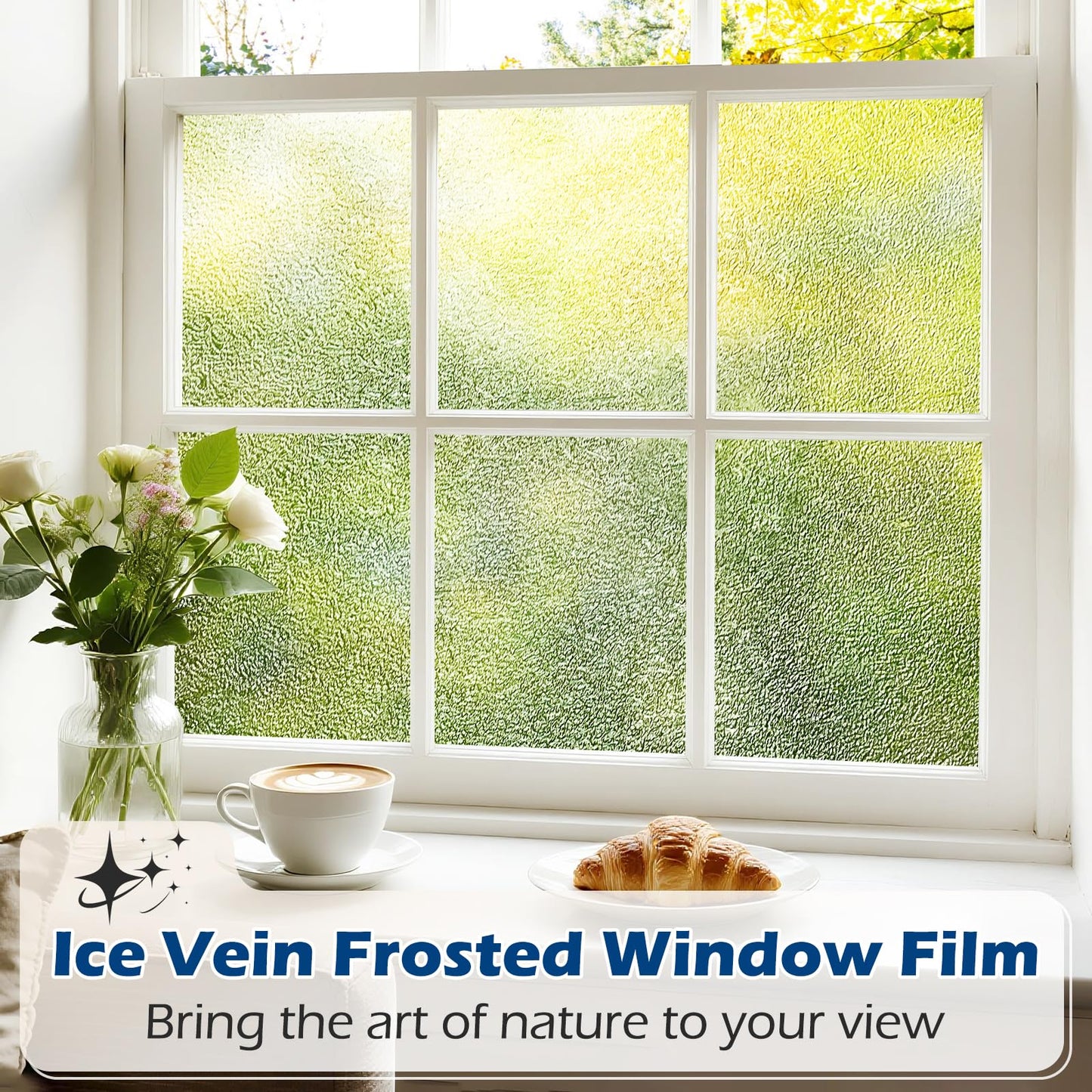 Borskyn Frosted Glass Window Privacy Film with Ice Vein Texture, Static Cling UV Blocking Removable Covering, Decorative Frosting Film for Home Office Bedroom Door, Clear, 23.6 x 157.4 Inches
