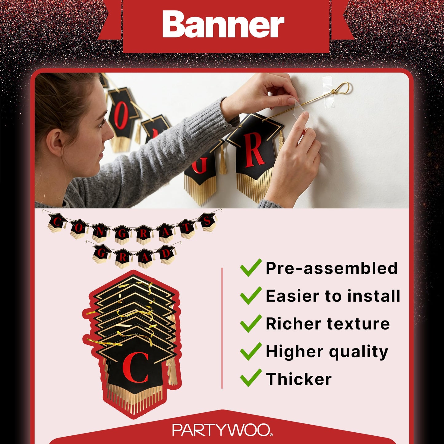 PartyWoo Class of 2026 Black and Red Graduation Banner Decorations 2pcs Black Red 2026 Hanging Congrats Grad Party Banner Supplies for Middle High School College Graduation Party Decorations