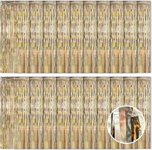 Champagne Gold Foil Curtain Backdrop - 20 Pack | 3.2ft x 8.2ft Metallic Tinsel Streamers for Parties