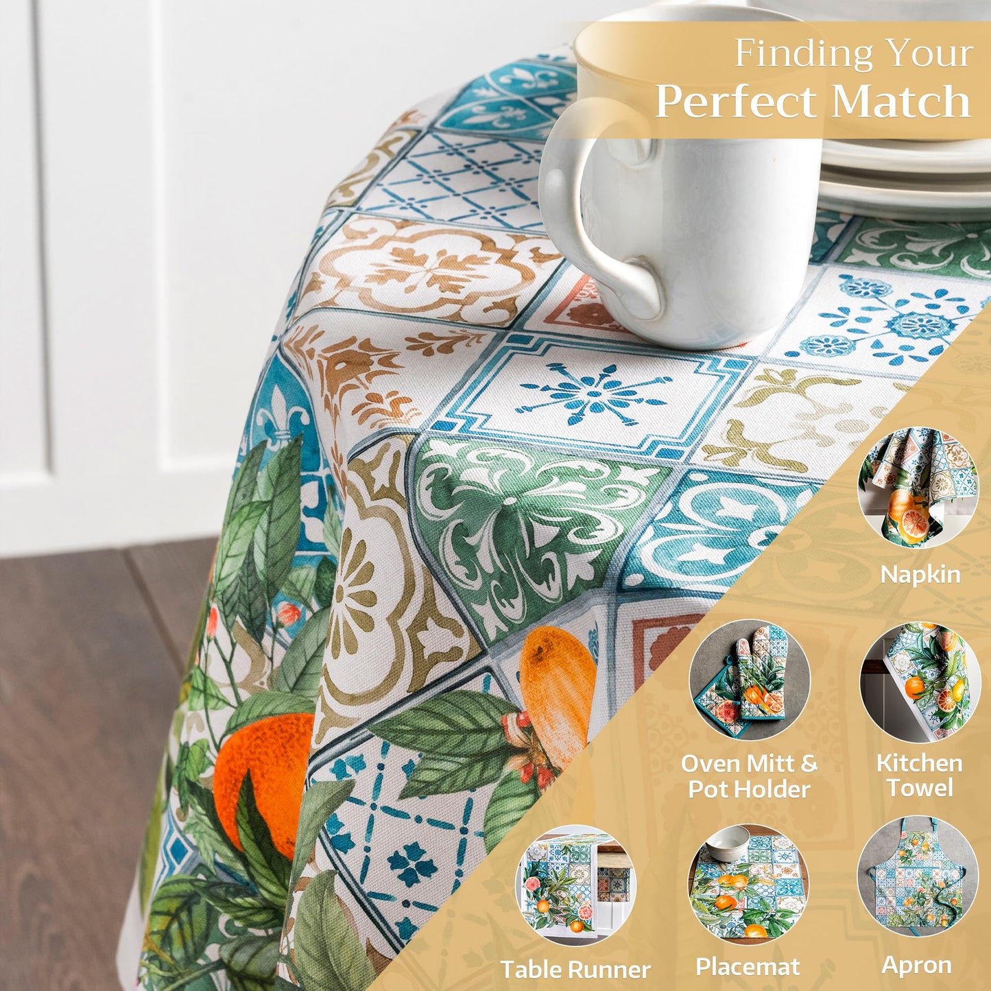 Maison d' Hermine Table Cloth Round Table 100% Cotton 63 Round Inches Tablecloth Reusable Decorative for Dining Kitchen Room Farmhouse Home Gifts for Mothers Day Spring Summer - Agrume