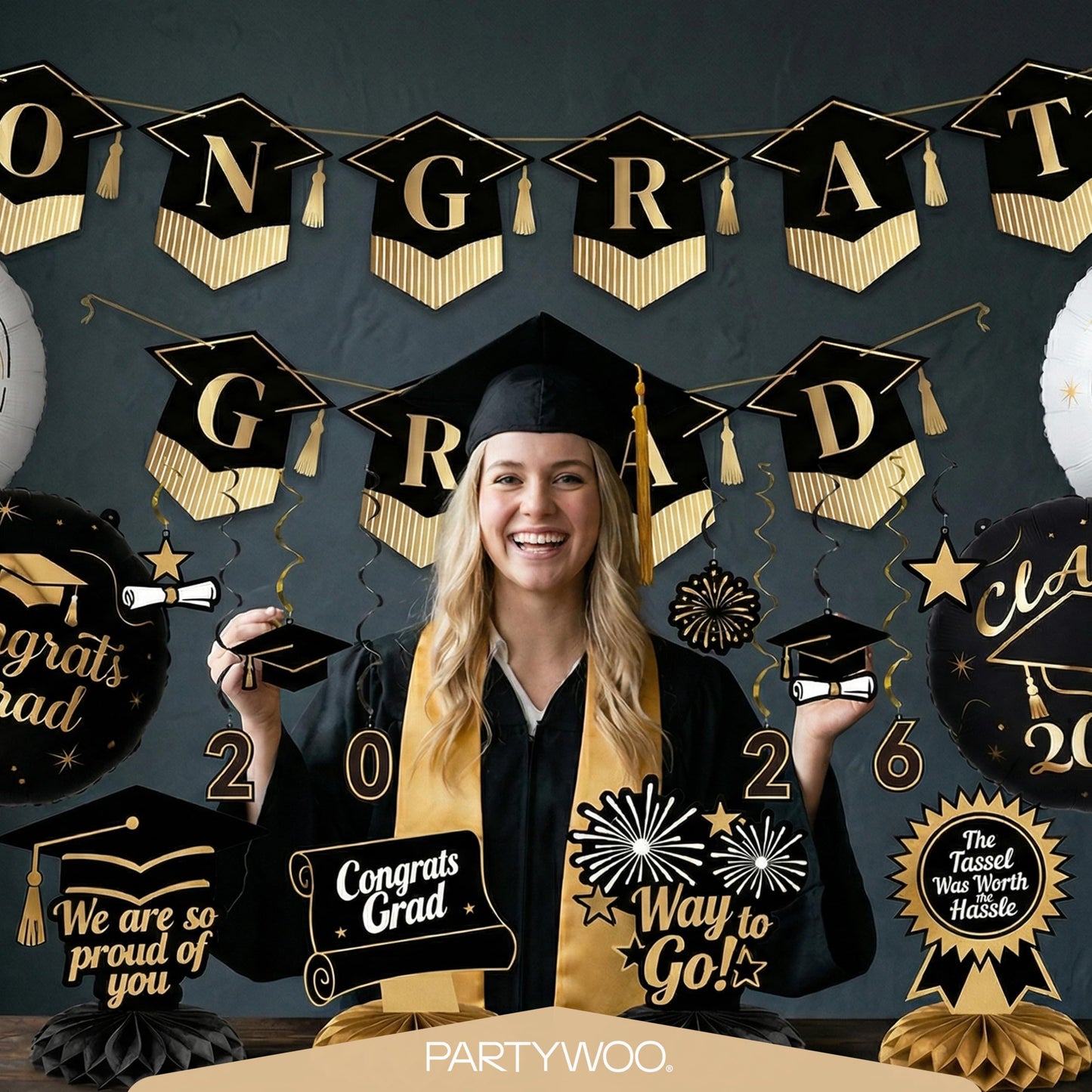 PartyWoo Graduation Decorations Class of 2026 Black Gold 19pcs Grad Party Supplies with Black Gold Congrats 2026 Grad Banner Hanging Swirls Foil Balloons Graduation Cap Centerpieces Party Decorations