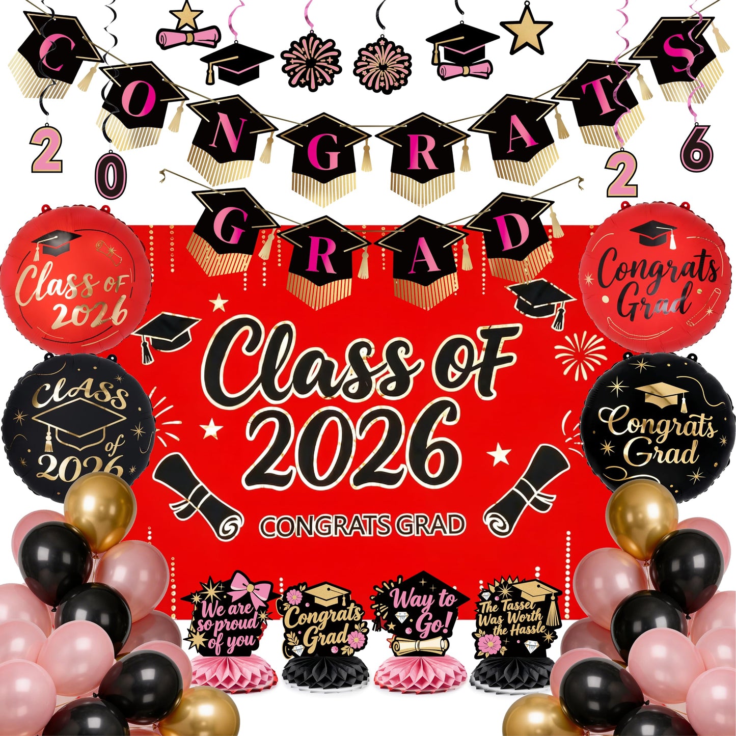 PartyWoo Graduation Decorations Class of 2026 Grad Party Supplies Set with Congrats Grad Red Black Pink Backdrop Banner Hanging Swirls Foil Latex Balloons Graduation Cap Centerpieces Party 40pcs