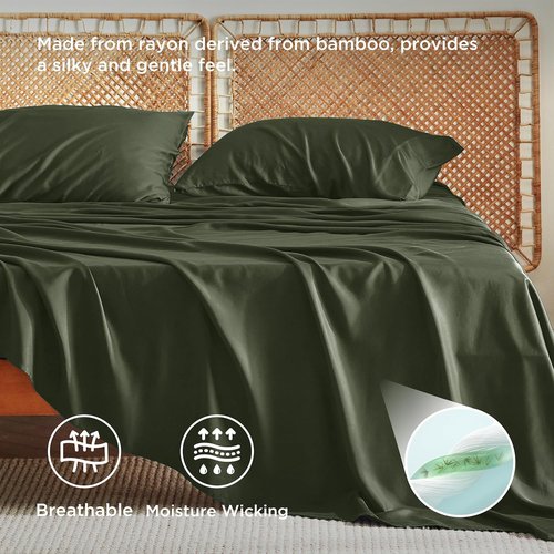 Bedsure Queen Sheet Set - Cooling Bamboo Rayon Sheets | Breathable, Soft & Luxurious Olive Green