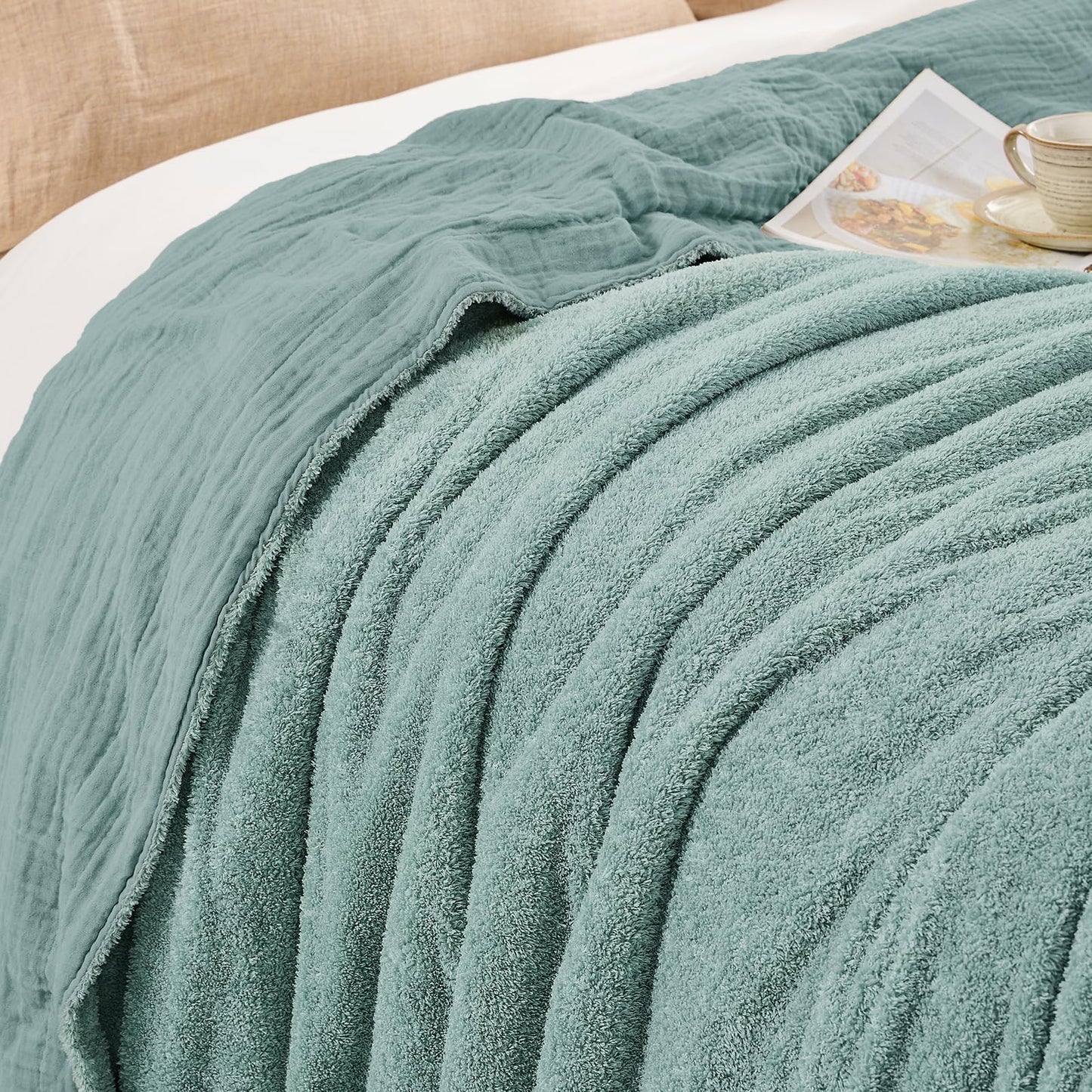 EMME Muslin Cotton Fleece Queen Blanket Reversible - 80"*90" Teal Soft Warm Throw Blankets for Couch Bed Picnic Travel Bed