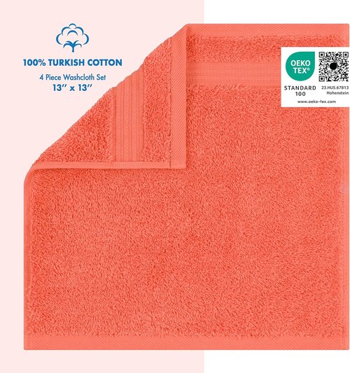 Cotton Paradise 100% Cotton Turkish Washcloth Set - Soft Absorbent 4-Piece Coral Towels
