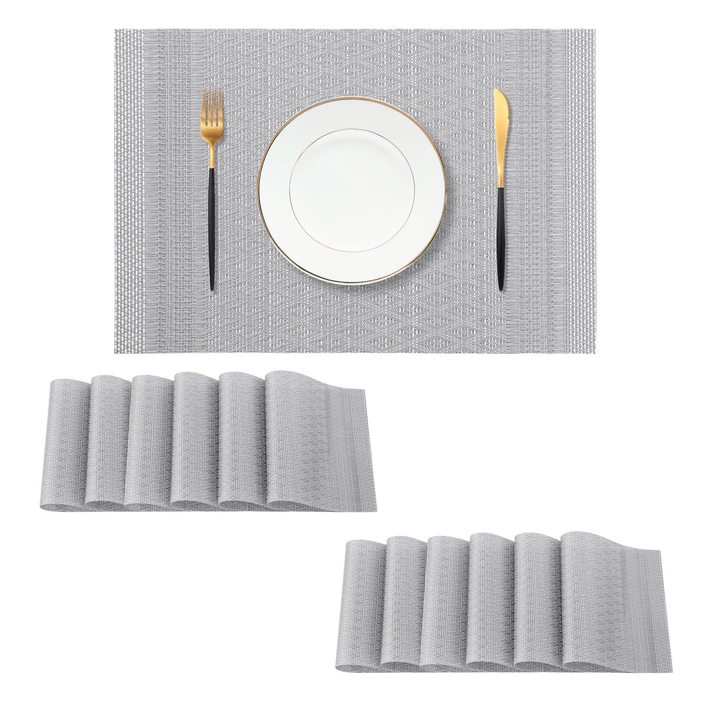 Leetaltree Lunar Grey Placemats Set of 12 - Heat Resistant Non-Slip Place mats for Dining Table, Washable Durable PVC Vinyl Woven Table Mats（Lunar Grey, 12）