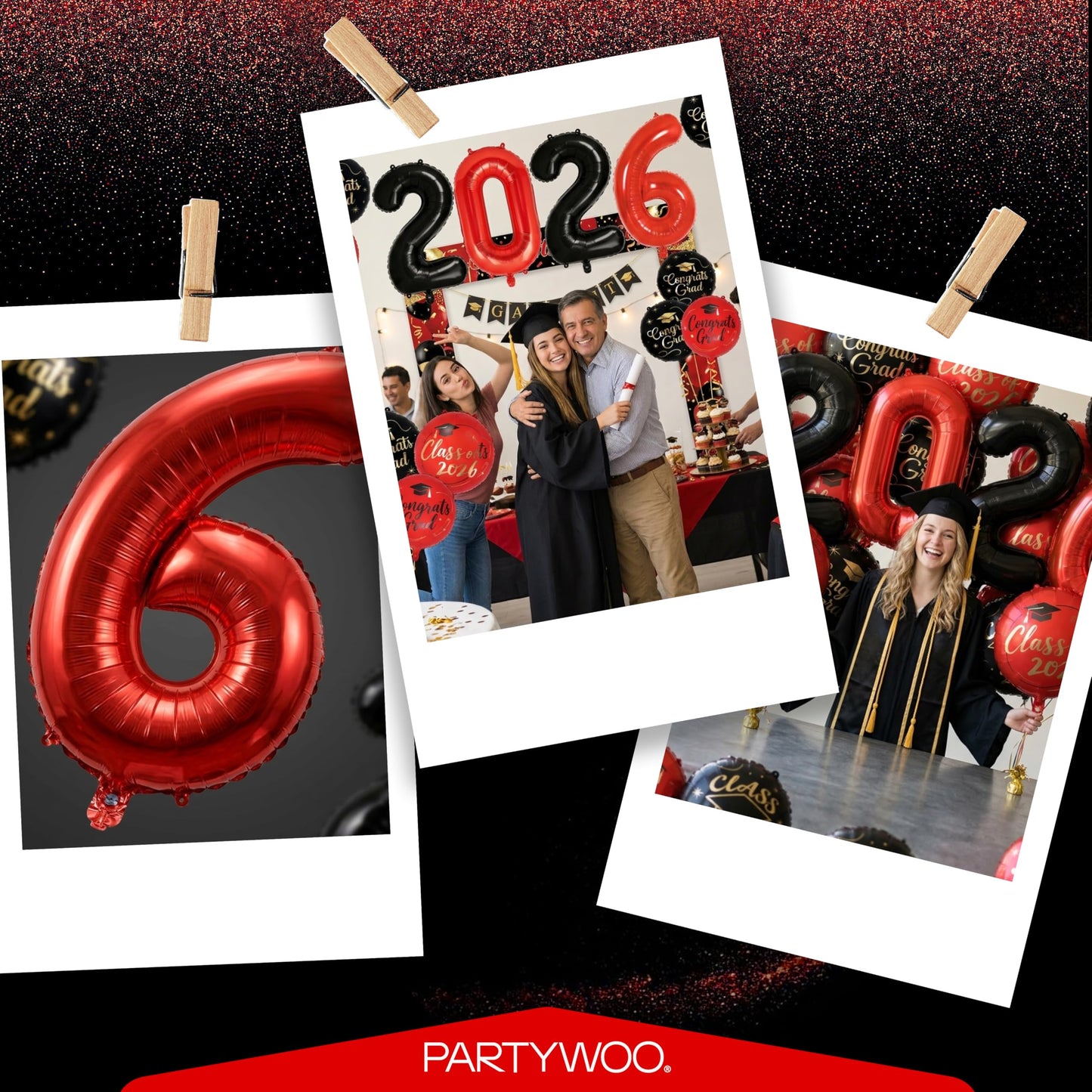 PartyWoo Graduation Balloons Class of 2026 Black Red Gold 12pcs Balloons 40 Inch 2026 Foil Number Balloons 18 Inch Congrats Grad Mylar Balloons for Black Red Graduation Decorations Party Supplies