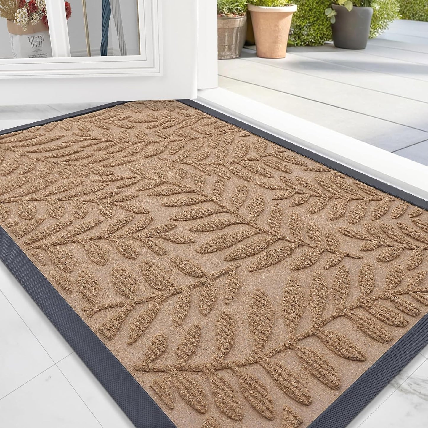 OLANLY Indoor Outdoor Door Mat - Waterproof All-Weather Doormat, Sturdy Natural Rubber, 29.5x17, Light Brown
