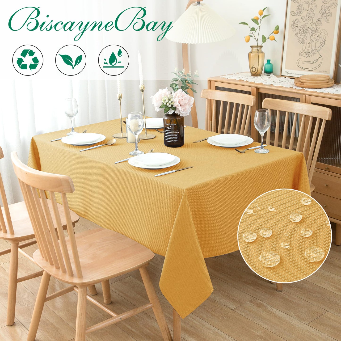 Biscaynebay Fall Tablecloth Textured Fabric 60x108 Inch Rectangular, Fall Gold Thanksgiving Autumn Harvest Water Resistant Fabric Tablecloths for Kitchen, Dining, Wedding, Parties Machine Washable