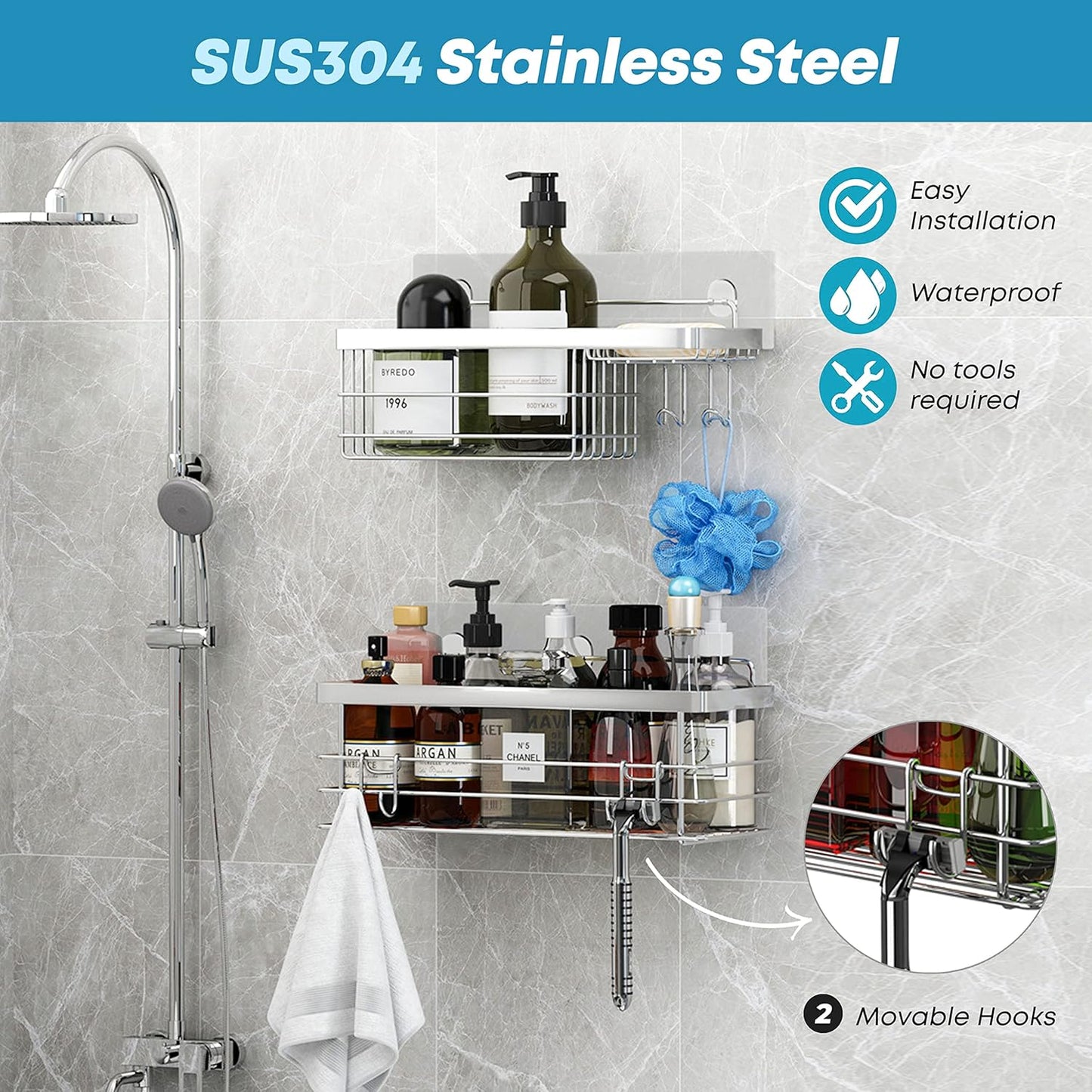 KESOL Shower Caddy - Rustproof SUS304 Stainless Steel Bathroom Shelf Organizer | No Drilling, 2 Pack, Silver