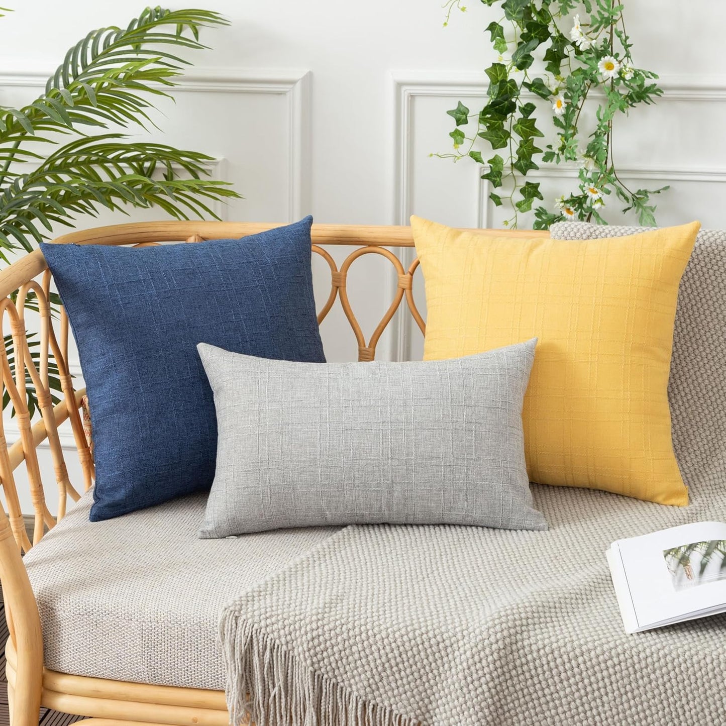 UGASA Outdoor Throw Pillow Covers - Waterproof Plaid Texture | Decorative Lumbar Cushions, 12x20 Inch, Yellow (Pack of 2)