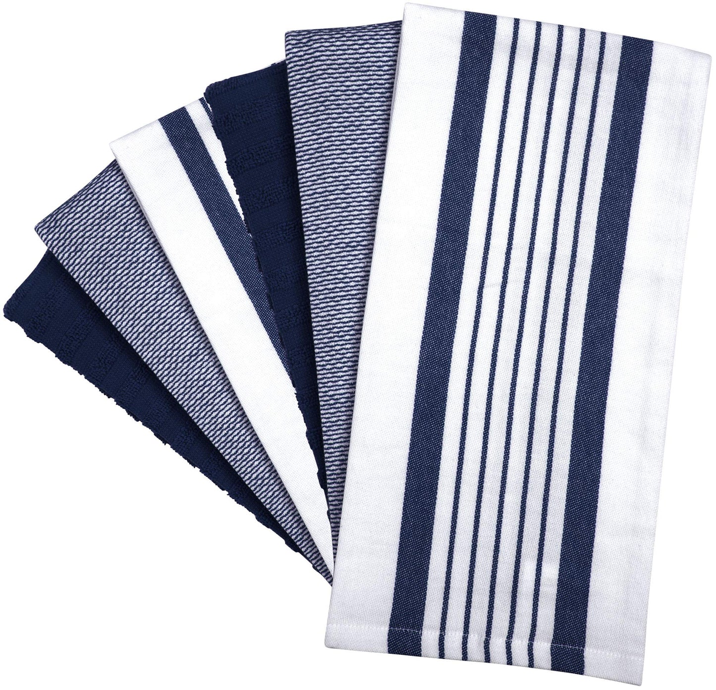 Premium Kitchen Towels (20”x 28”, 6 Pack) | Large Cotton Dish Towels | Flat & Terry Highly Absorbent Kitchen Linen Set with Hanging Loop | Navy Blue Striped