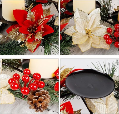 FORUP Christmas Centerpiece - Elegant Poinsettia Design with 3 Flameless Candles | Holiday Table Decor
