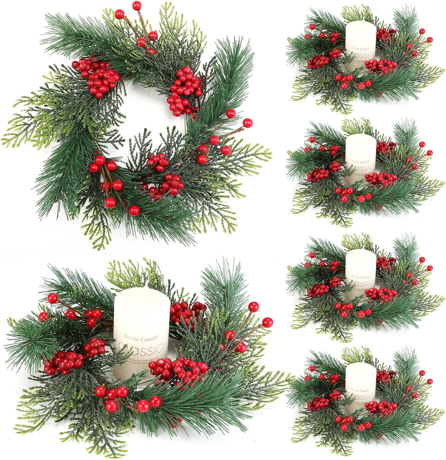 Knitgrip Mini Christmas Candle Rings - 4 Pcs Red Berry Pinecone Wreaths for Festive Home Decor