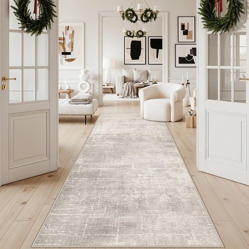 **Regine Switzerland Washable Runner Rug - Stain Resistant Abstract Design | Soft Non-Slip 4x10 Beige/Cream**
