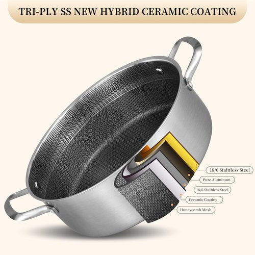 Inqibee 5 QT Hybrid Nonstick Saute Pan with Lid, Tri-Ply Stainless Steel 12 Inch Deep Frying Pan Cookware, PFOA & PFOS Free, Induction Compatible, All Cooktops, Oven & Dishwasher Safe