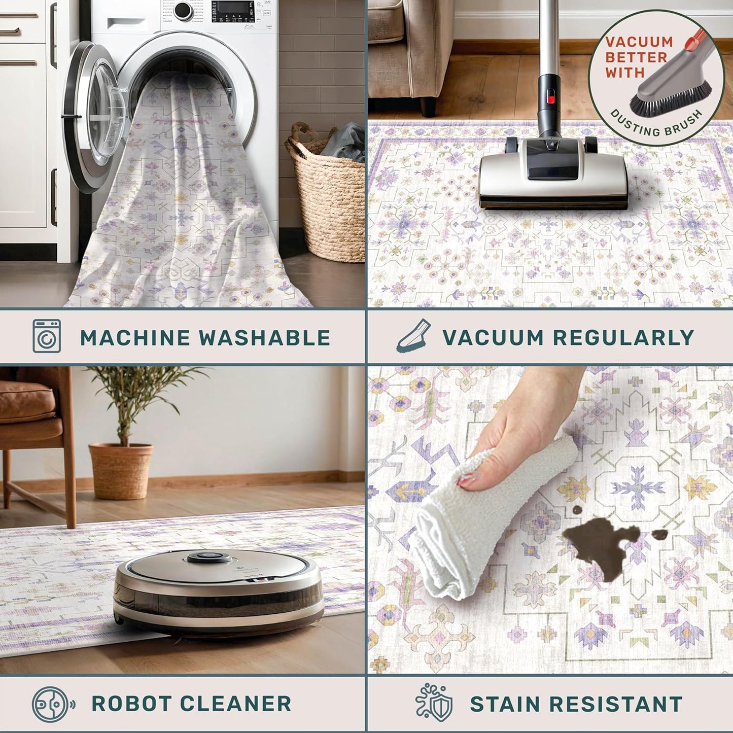 Skiennix 8x10 Large Lavender Area Rug - Floral Design, Non-Slip, Stain Resistant, Washable Carpet