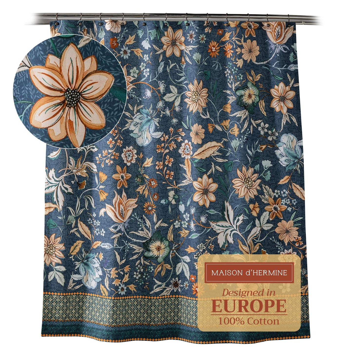 Maison d' Hermine Shower Curtain 100% Cotton One Panel 70"x72" Washable Fabric Shower Curtains for Bathroom, Easy Hanging with 12 Button Holes -Home Spa Gifts for Mothers Day (Luxury Loft - Dark Teal)