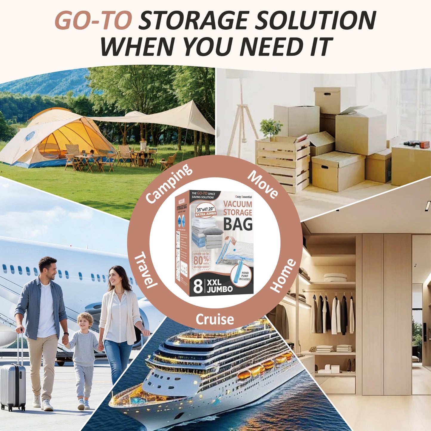 Cozy Essential Vacuum Storage Bags, 80% Compression Vacuum Seal Space Saver Plastic Packaging Bags for Clothes, Blankets, Pillow, Bedding, Comforters, Sealer Clothing Storage,8 XXL Jumbo