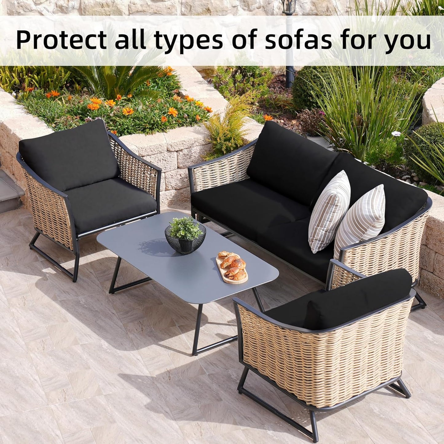 Skiennix 8-Piece Stretch Patio Cushion Covers - Washable Outdoor Couch Slipcovers | Black