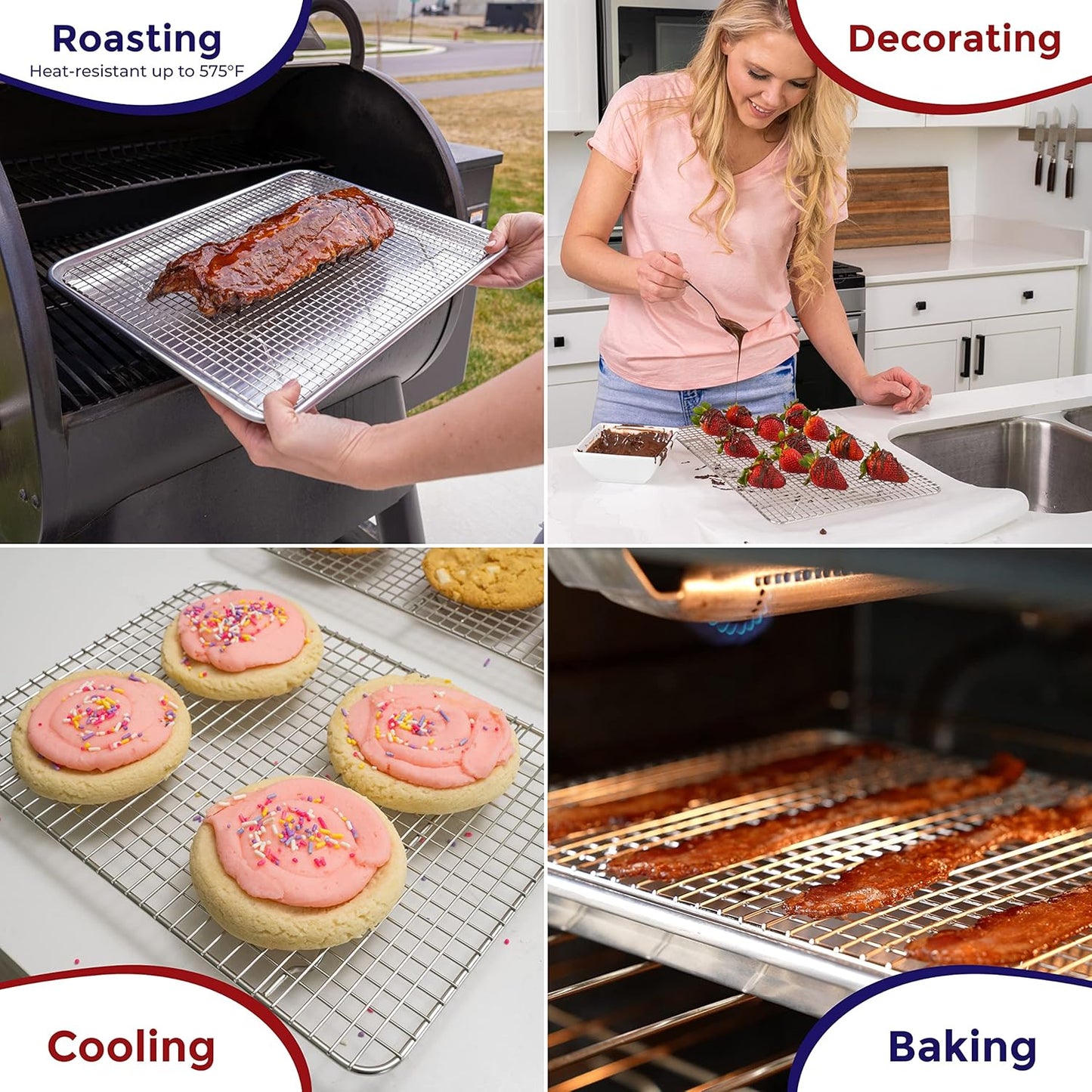 KITCHENATICS Stainless Steel Cooling Racks - Heavy-Duty Baking & Roasting Grids | Fits 13x18 Half Sheet Pans | Oven-Safe to 575°F, Set of 2