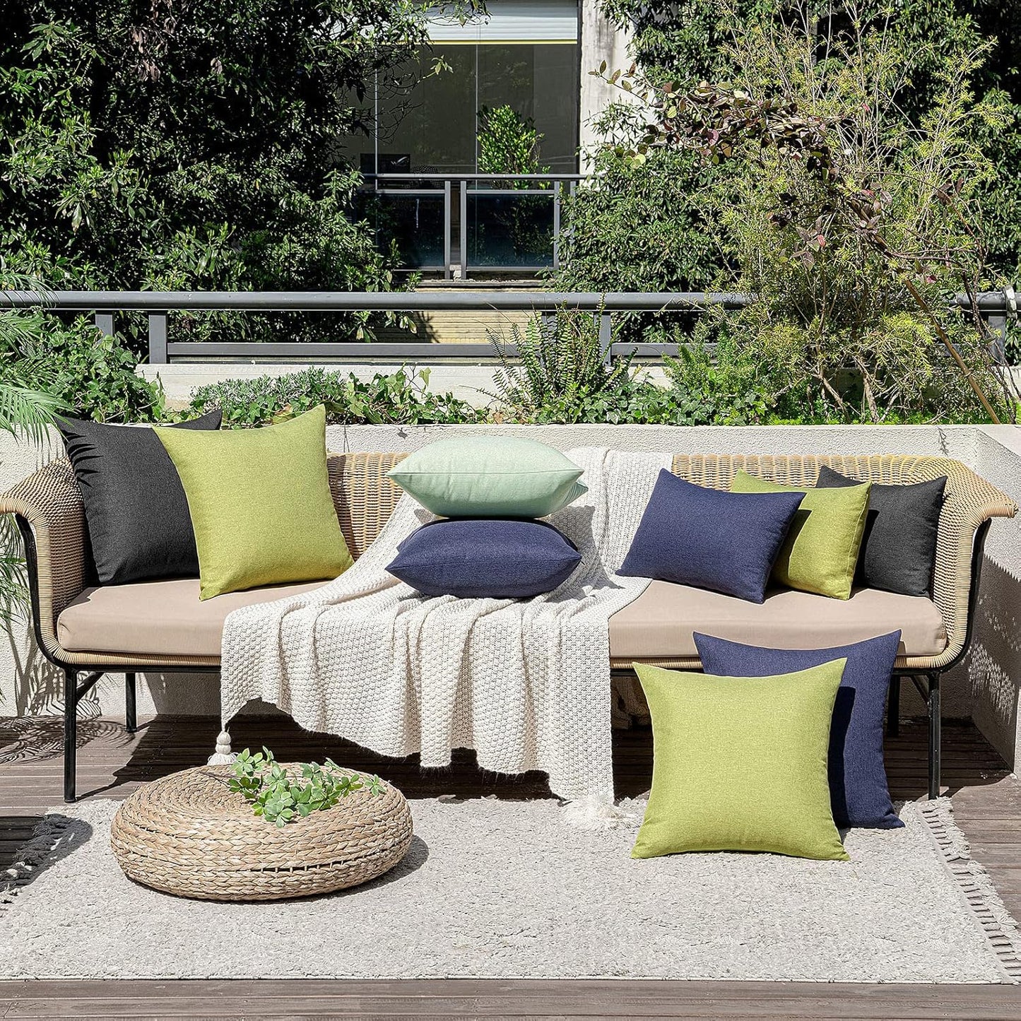 MIULEE Decorative Outdoor Throw Pillow Covers - Waterproof Faux Linen Cushion Cases | 24x24 Inch Black (Pack of 2)