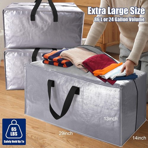 Cosy Family Extra Large Moving Bags - Heavy Duty Storage Totes with Backpack Straps | Set of 4, Silver